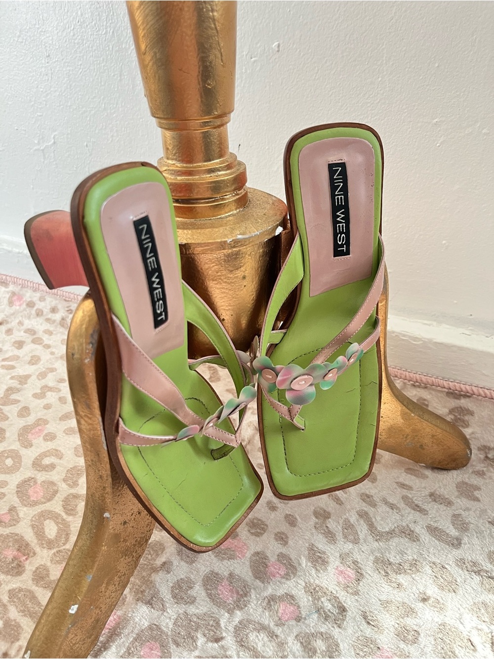 Nine West Green and Pink Floral Square-Toe Mules
